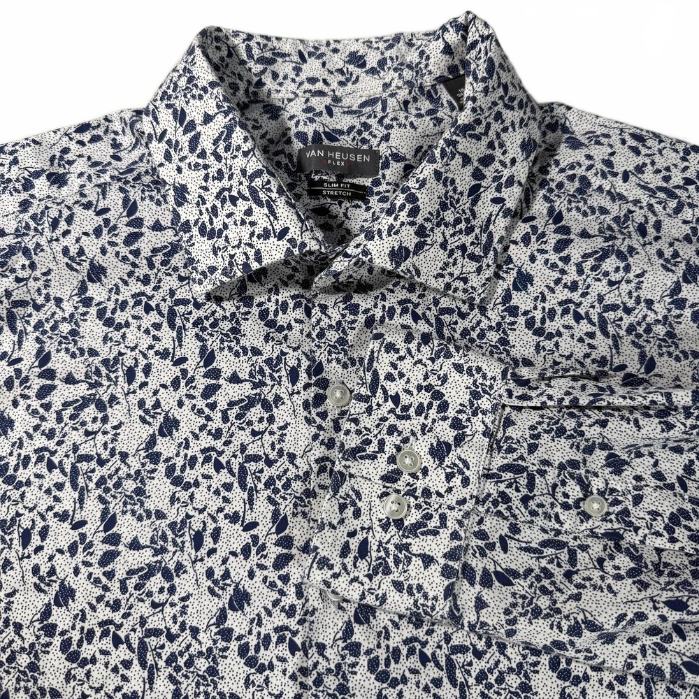 Van Heusen Men's Slim Fit Stretch Casual Shirt - White with Blue Leaf Print XL‎